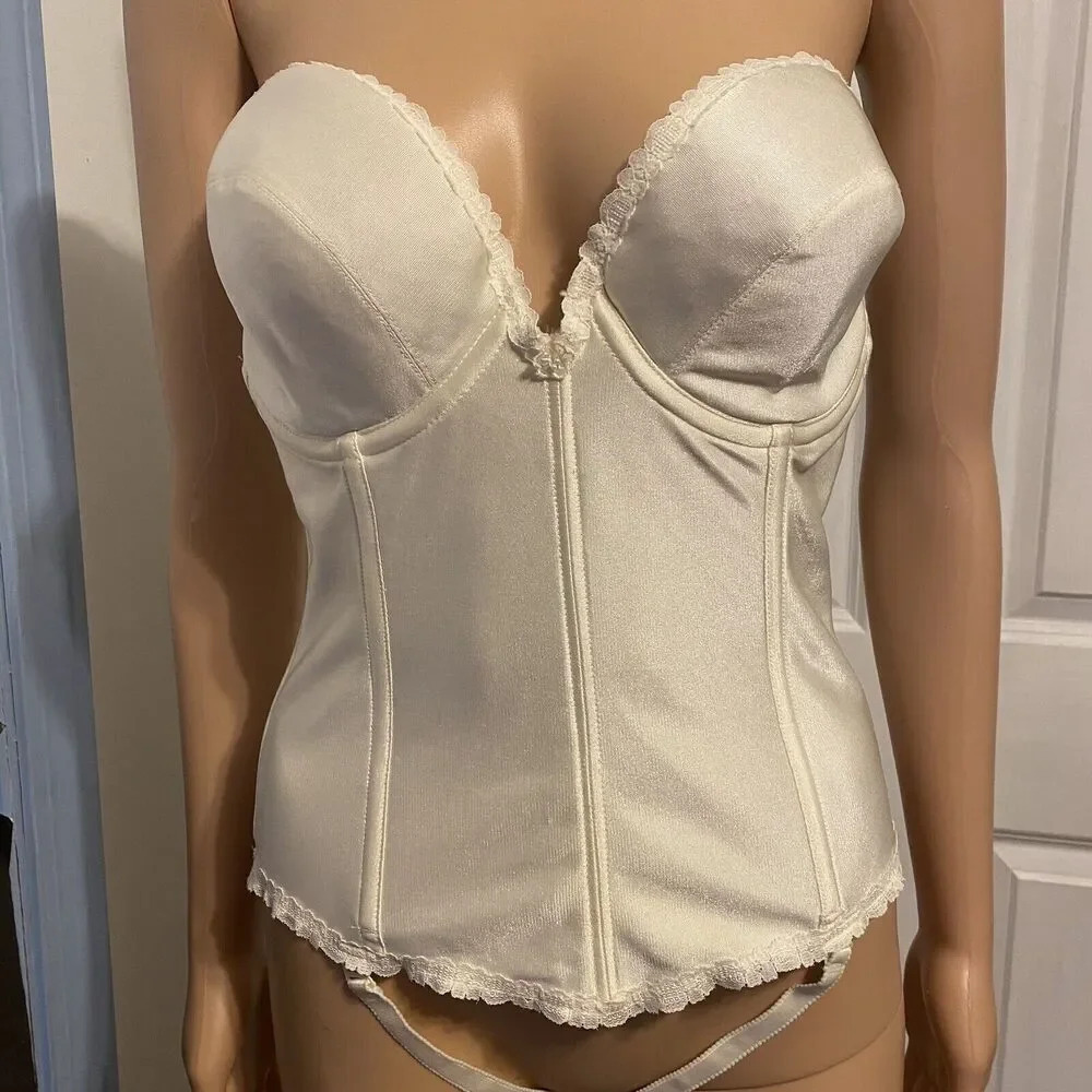Vintage Carnival Womens 38D Corset Bustier Ivory Bridal Lace Trim Sexy Romantic